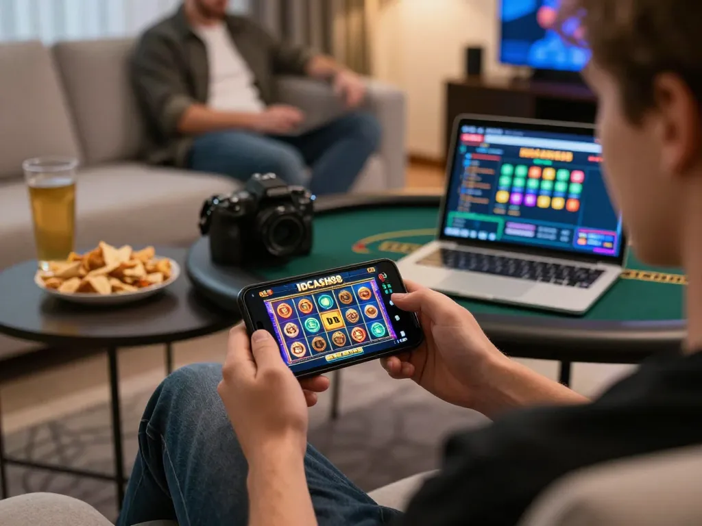 Players enjoying IDCASH88 slot games on mobile in a cozy home setup, demonstrating engaging online gaming.