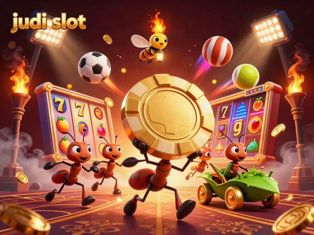 Tim semut 3D beraksi dalam judi slot dengan chip emas megah di depan slot gulungan dan simbol keberuntungan.