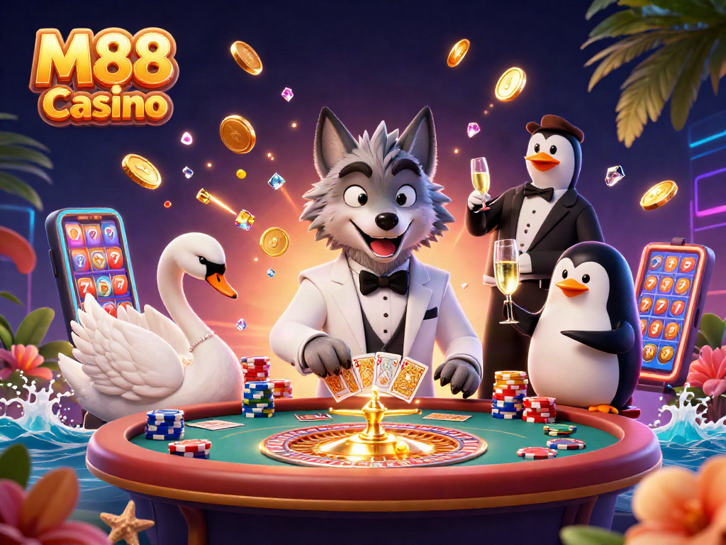 M88 Casino captivating scene with a debonair wolf, elegant swan, and penguin sommelier amidst dynamic gaming elements.