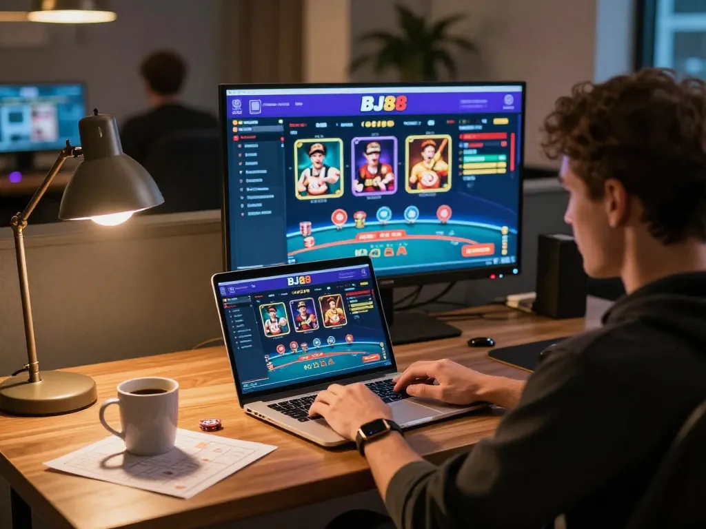 BJ88 online player enjoying thrilling casino games in a cozy gaming setup.