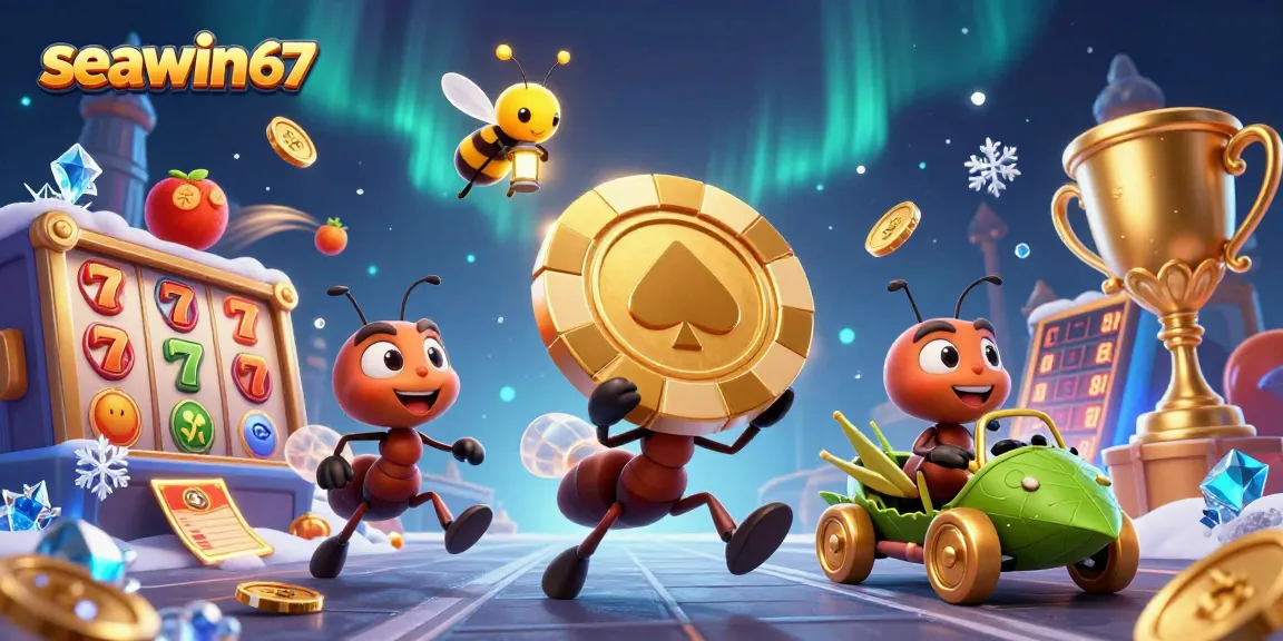 Seawin67 menghadirkan ilustrasi 3D kartun dengan semut mencuri chip poker emas, simbol jackpot, dan elemen kasino