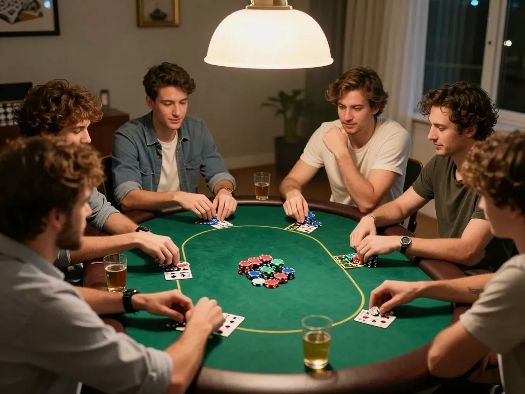 king33 players enjoying a friendly poker game with vibrant chips and drinks at a cozy home
