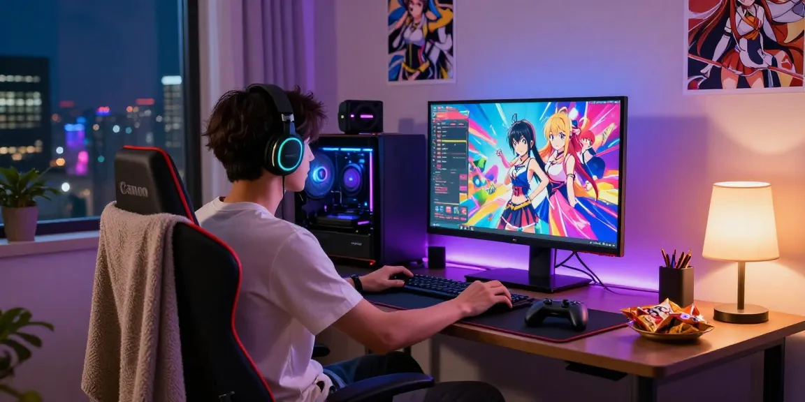 Engaging gamer playing an ecchi game in a vibrant gaming setup.