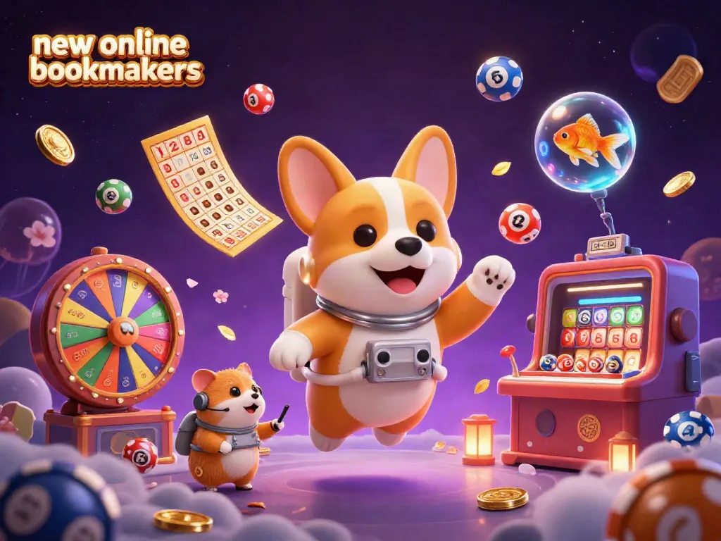 Experience fun with new online bookmakers illustrated by a floating corgi and vibrant casino elements.