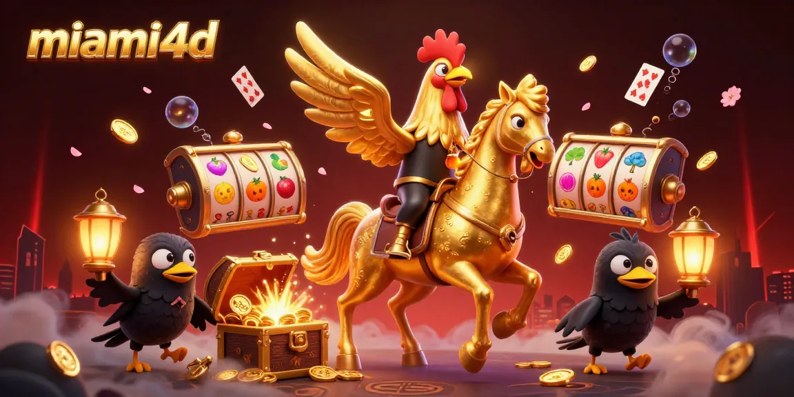Engage with the thrilling world of miami4d as golden rooster characters illuminate a dynamic casino scene.