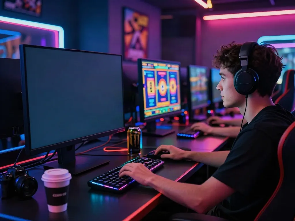 Engaged player focused on akunjp online slots in a vibrant gaming room, showcasing immersive gameplay.
