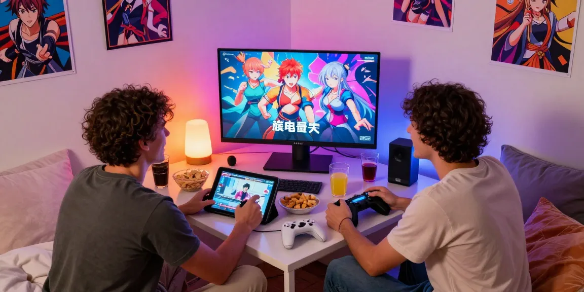Friends enjoying hentai games together in a cozy bedroom setup.