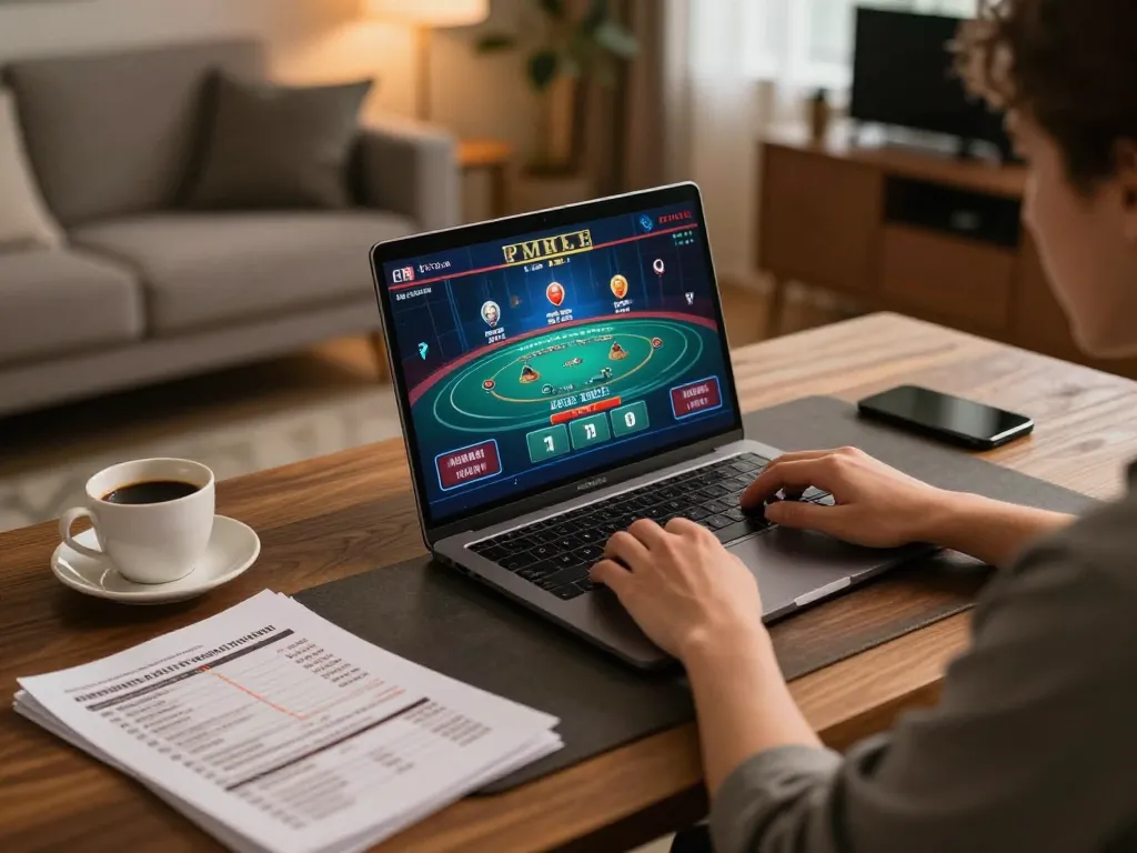 Player engaging with sky88 live casino on a laptop, surrounded by strategy notes and coffee.