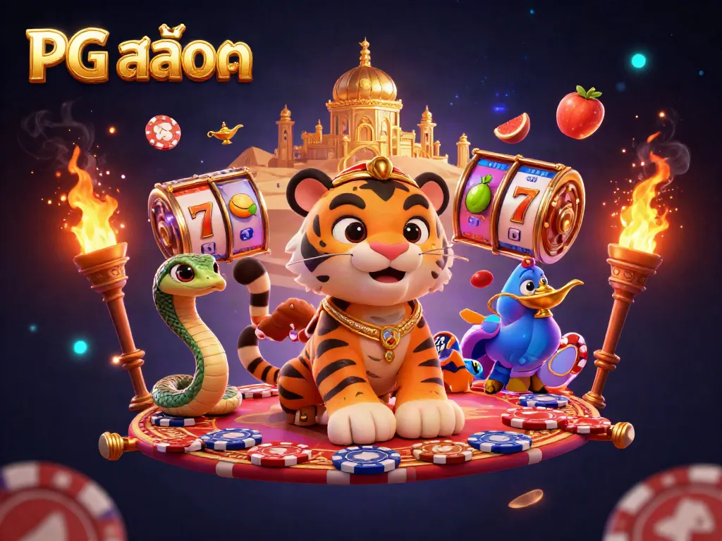Engage with PG สล็อต as the cartoon tiger sultan rides a flying carpet of poker chips amidst dynamic fruit symbols and jackpot excitement.