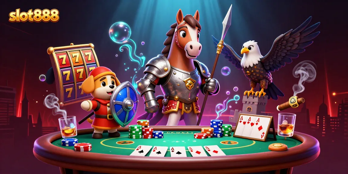 Experience excitement with slot888 in this dynamic casino-themed 3D scene, showcasing slot reels and game elements.