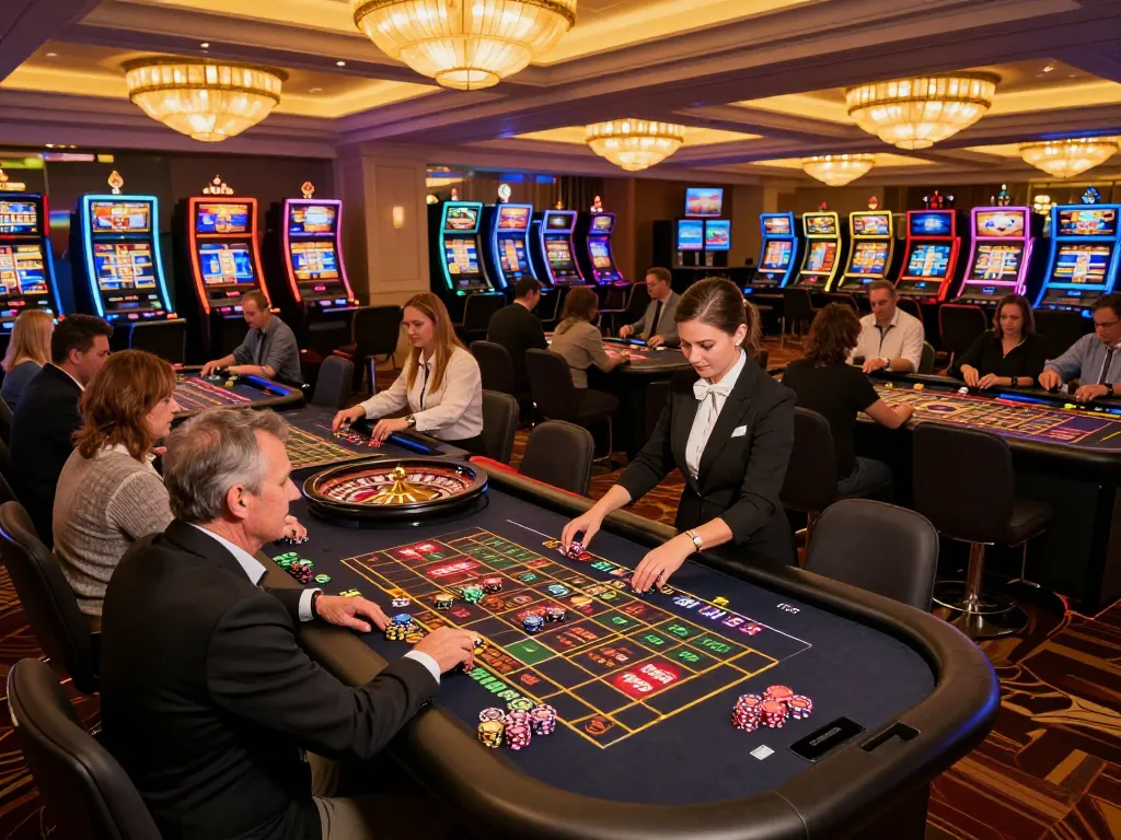 Players place bets at the lively roulette table in SC888 casino, illuminated by elegant chandeliers.