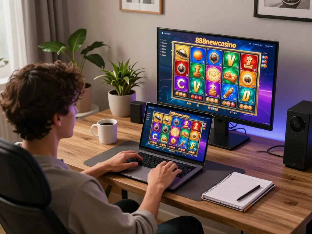 Engaging gameplay experience at 888newcasino on a stylish home setup with winning slots visible