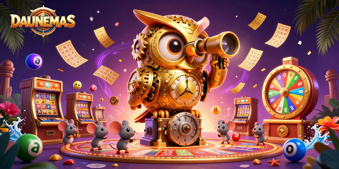 Engage with DAUNEMAS in this vibrant casino scene filled with game elements and lively characters.