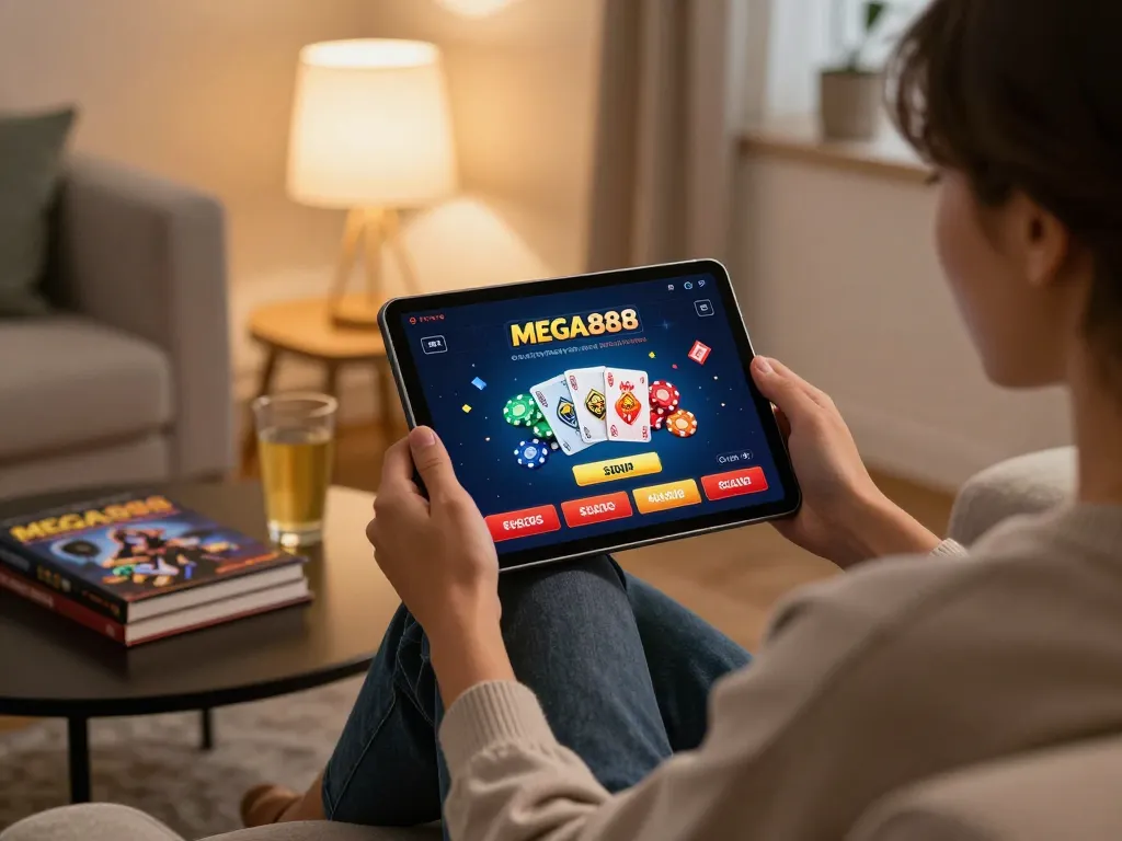 Engaging scene of a player using the MEGA888 app on a tablet at home to enhance gaming strategy.
