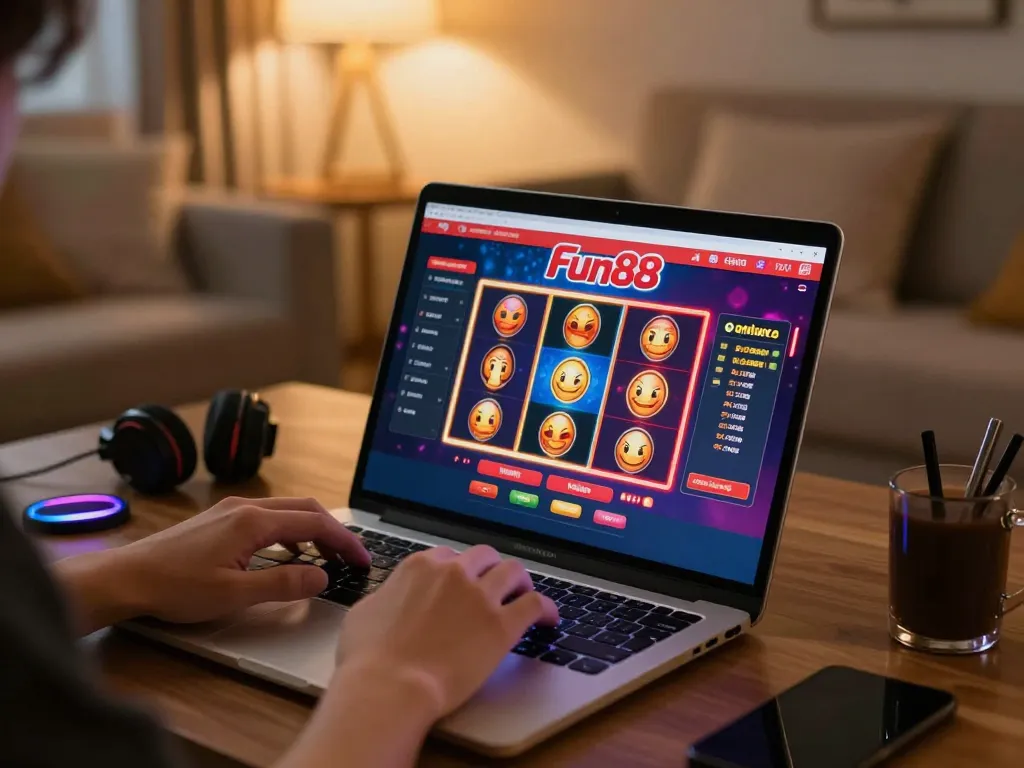 Engaging online gaming session showcasing Fun88 slot games on a laptop in a cozy living room.