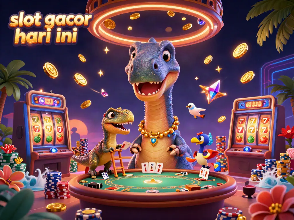 Menghadirkan keberuntungan di slot gacor hari ini dengan karakter dino dalam suasana kasino yang meriah.