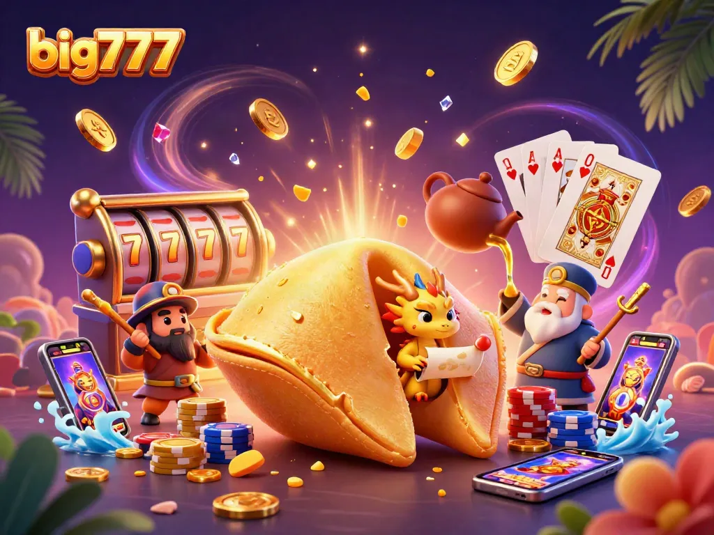 Celebrate wins with big777 and a 3D cartoon scene filled with fortune cookies and slot machine reels.