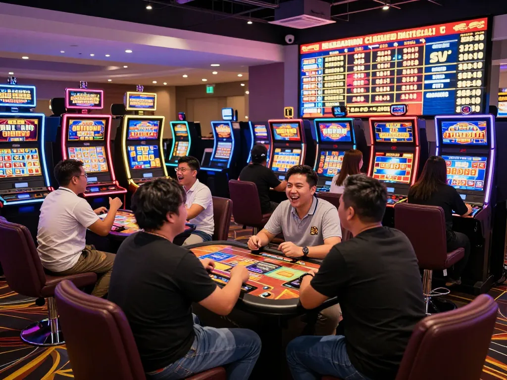 Exciting gaming scene with players at situs gacor slot machines in a vibrant casino atmosphere.
