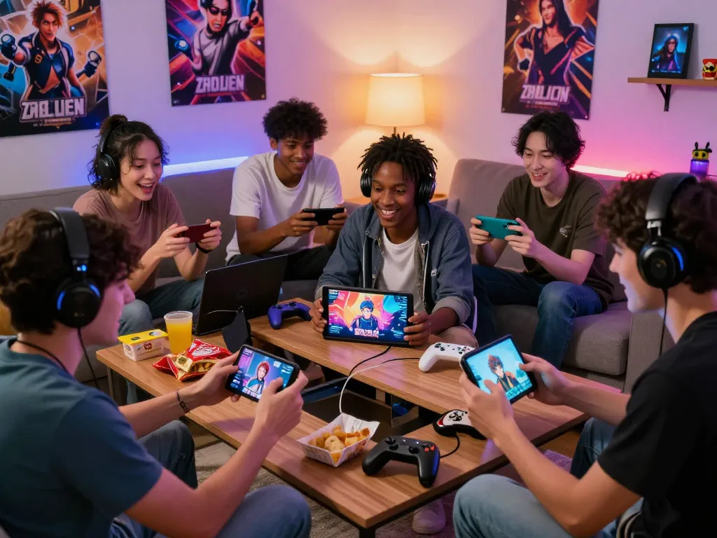 Players enjoying porngames on multiple devices in a cozy gaming lounge.