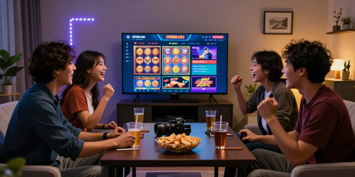 Friends enjoying online gaming at OPEN88.COM in a cozy living room, showcasing excitement and entertainment.