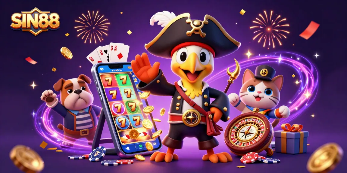 SIN88 pirates celebrate vibrant casino action with slots, coins, and cards in a thrilling adventure.