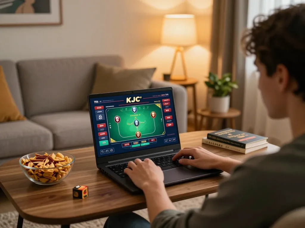 KJC player engaging in online poker at home with laptop, showcasing dynamic gaming and strategy.