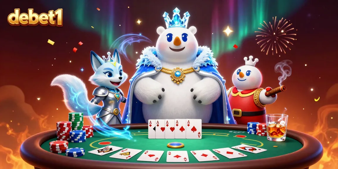 Experience debet1's lively poker scene with a polar bear king and fox hero, bursting with color.