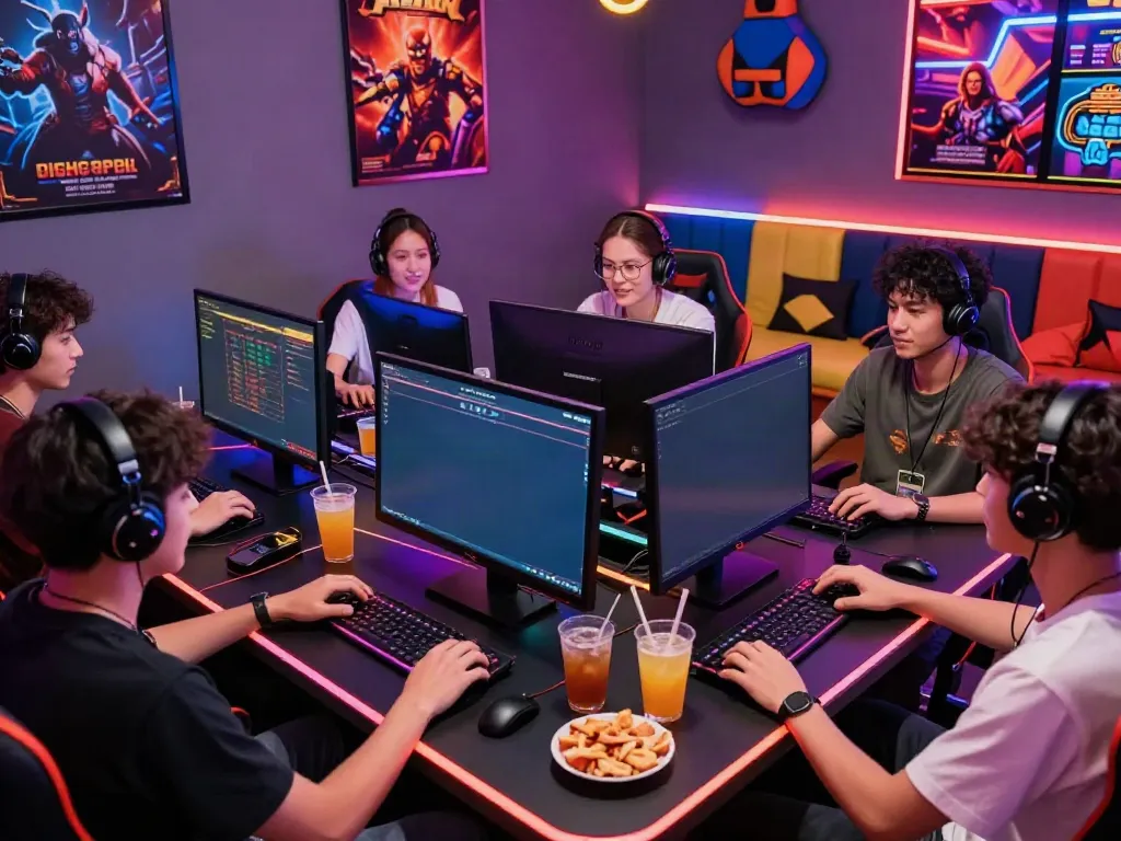Exciting gaming scene with diverse players enjoying online slots at akunjp.