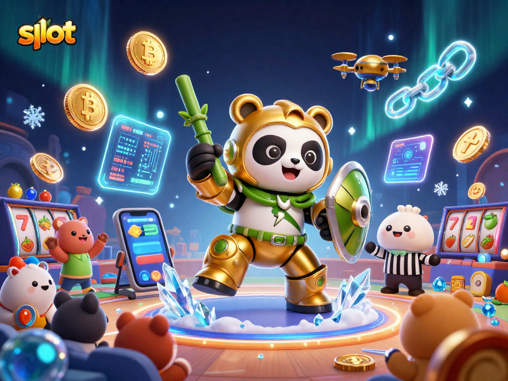 Slot yang penuh aksi dengan panda emas dan robot, dikelilingi simbol lotere di kasino.