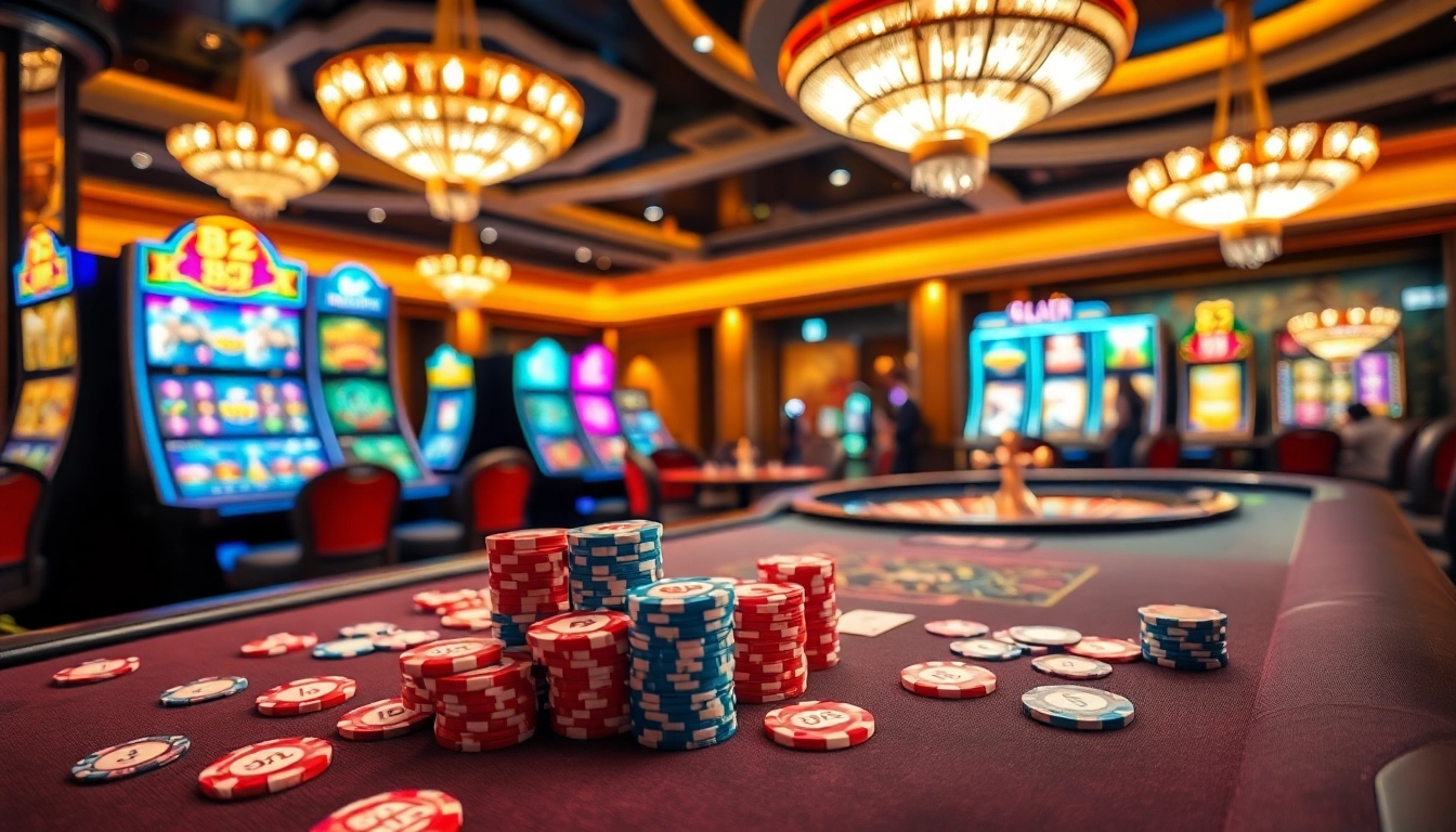 Engaging B52 poker chips at a luxurious casino table, highlighting an exciting gambling experience.