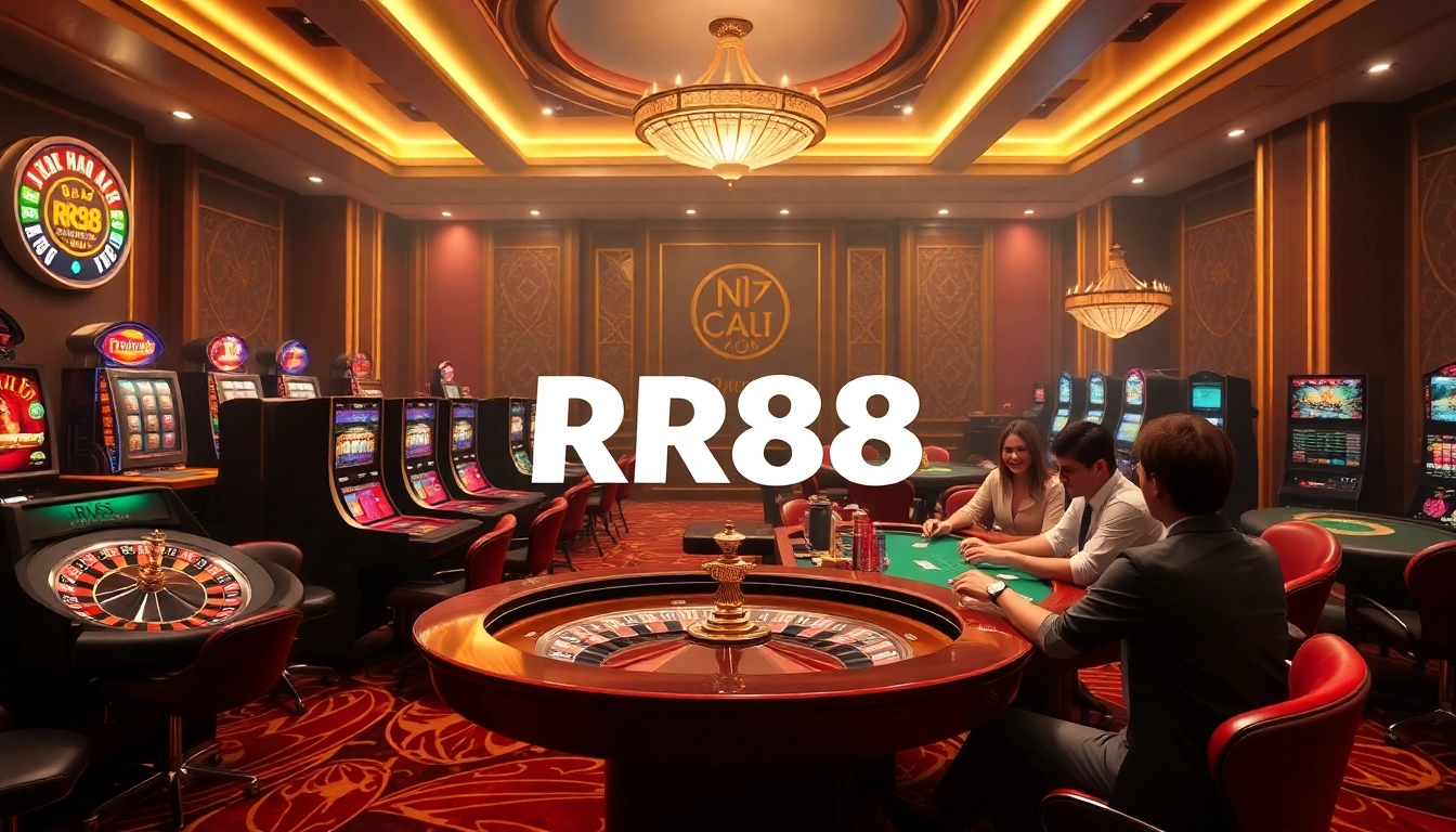 Gambling excitement at Nhà Cái RR88 with luxury casino tables and vibrant slot machines.