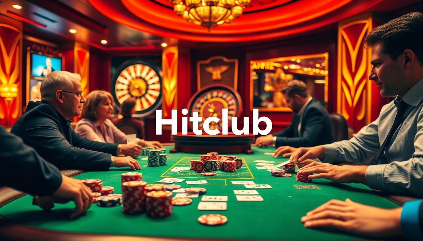 Hitclub's lively poker game scene featuring excited players and vibrant chips.