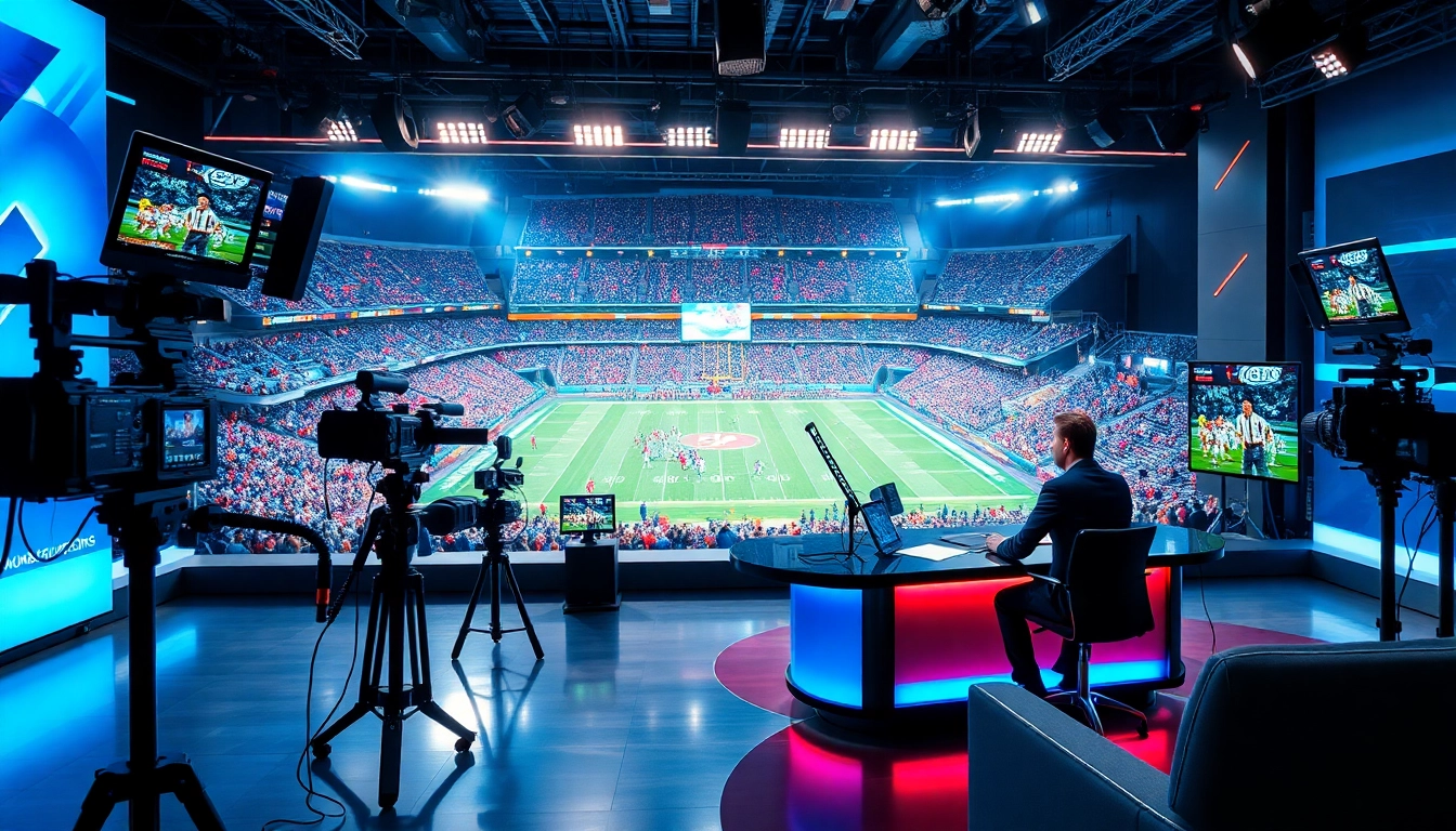 Engaging sports broadcasting scene with a host delivering live updates amidst dynamic visuals.