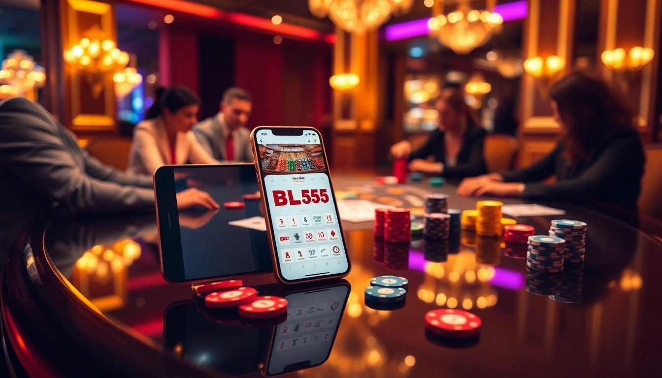 Players enjoying poker at a casino table with the BL555 app displayed on a mobile device.