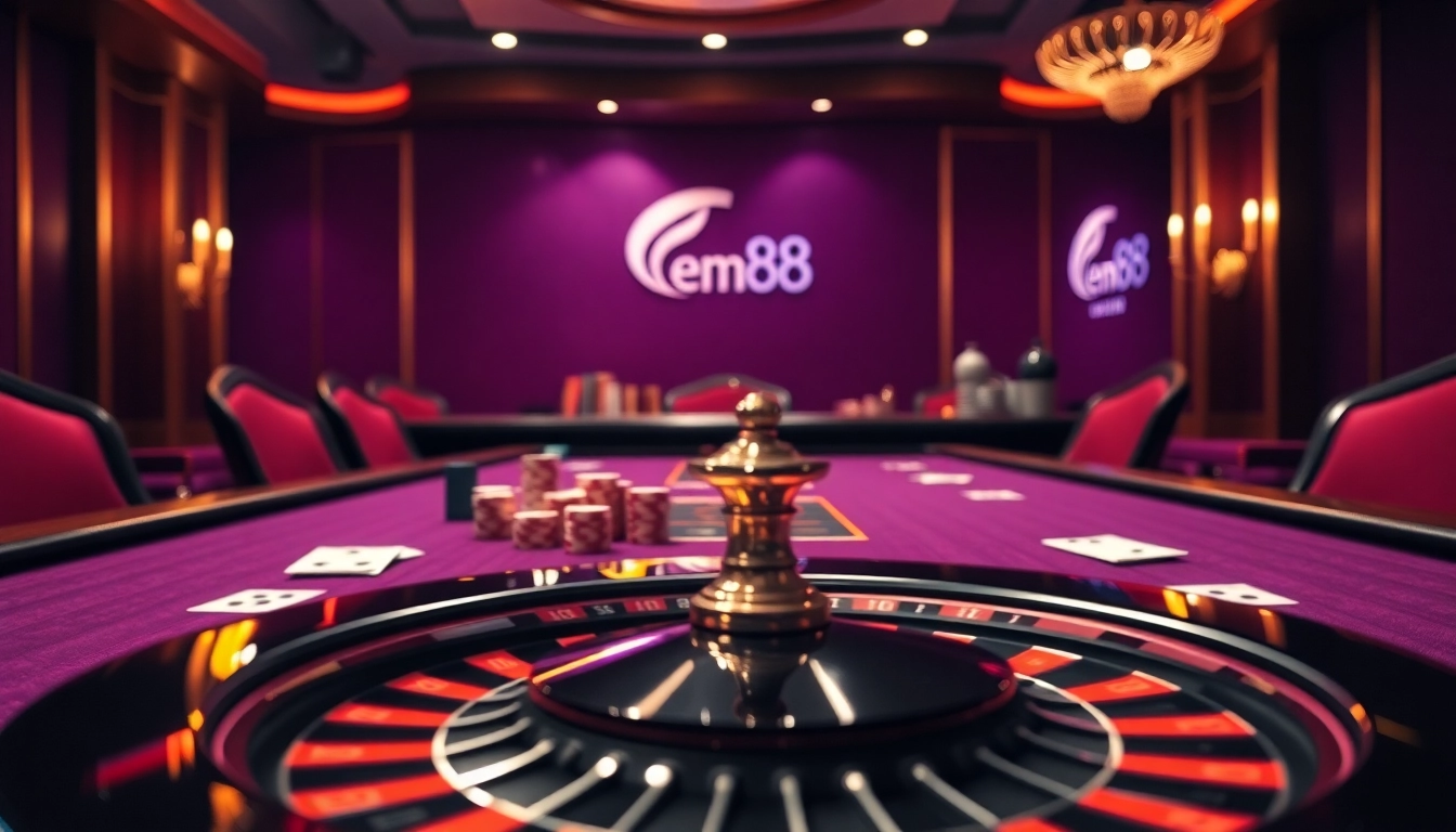 Experience high-stakes excitement at Bem88's luxurious poker table with vibrant chips and cards.