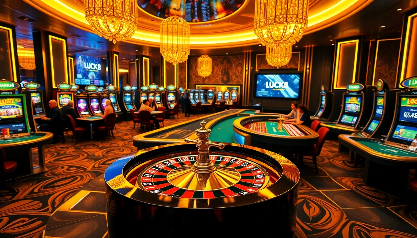 LUCK8 betting scene featuring sleek tables, vibrant slot machines, and an exciting casino atmosphere.