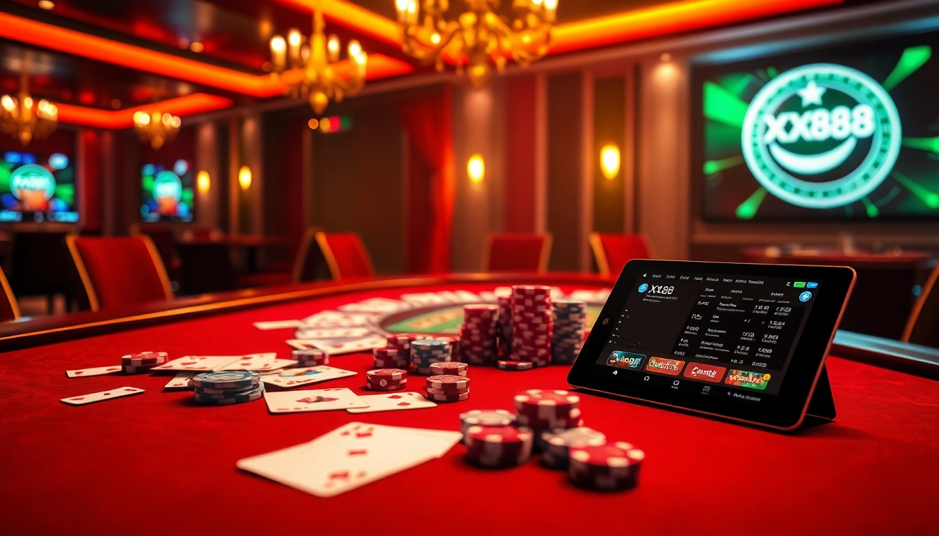 Players enjoying casino games on xx88 com with vibrant poker chips and rich card designs.