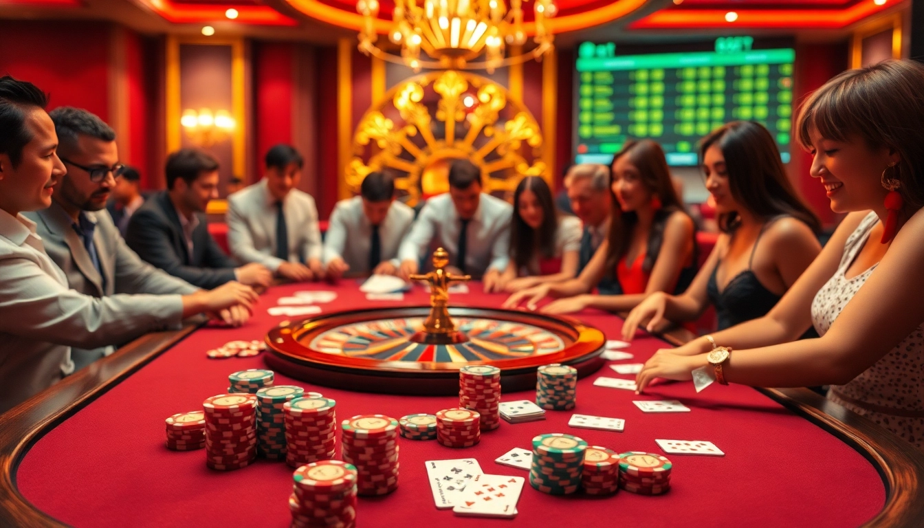 8kbet players enjoying a thrilling poker game at a luxurious casino table under ambient lighting.