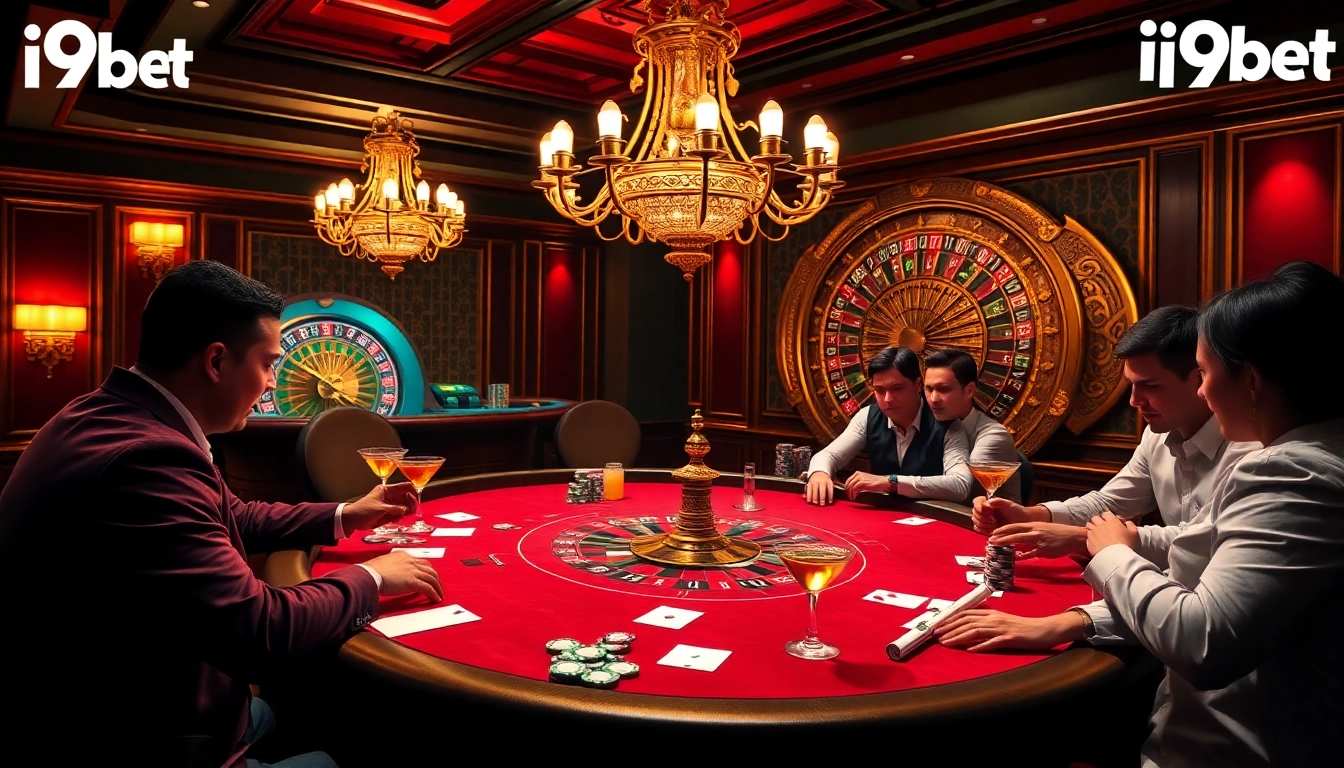 Experience the thrill of i9bet's high-stakes poker and roulette games in a luxurious casino setting.