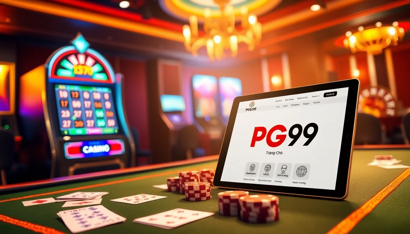 Join the excitement at Trang Chủ PG99 with vibrant casino visuals featuring modern gaming elements.