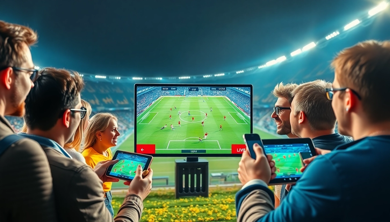 Xem Bóng Socolive: Enthusiastic fans enjoying a live football match streaming experience on digital devices.