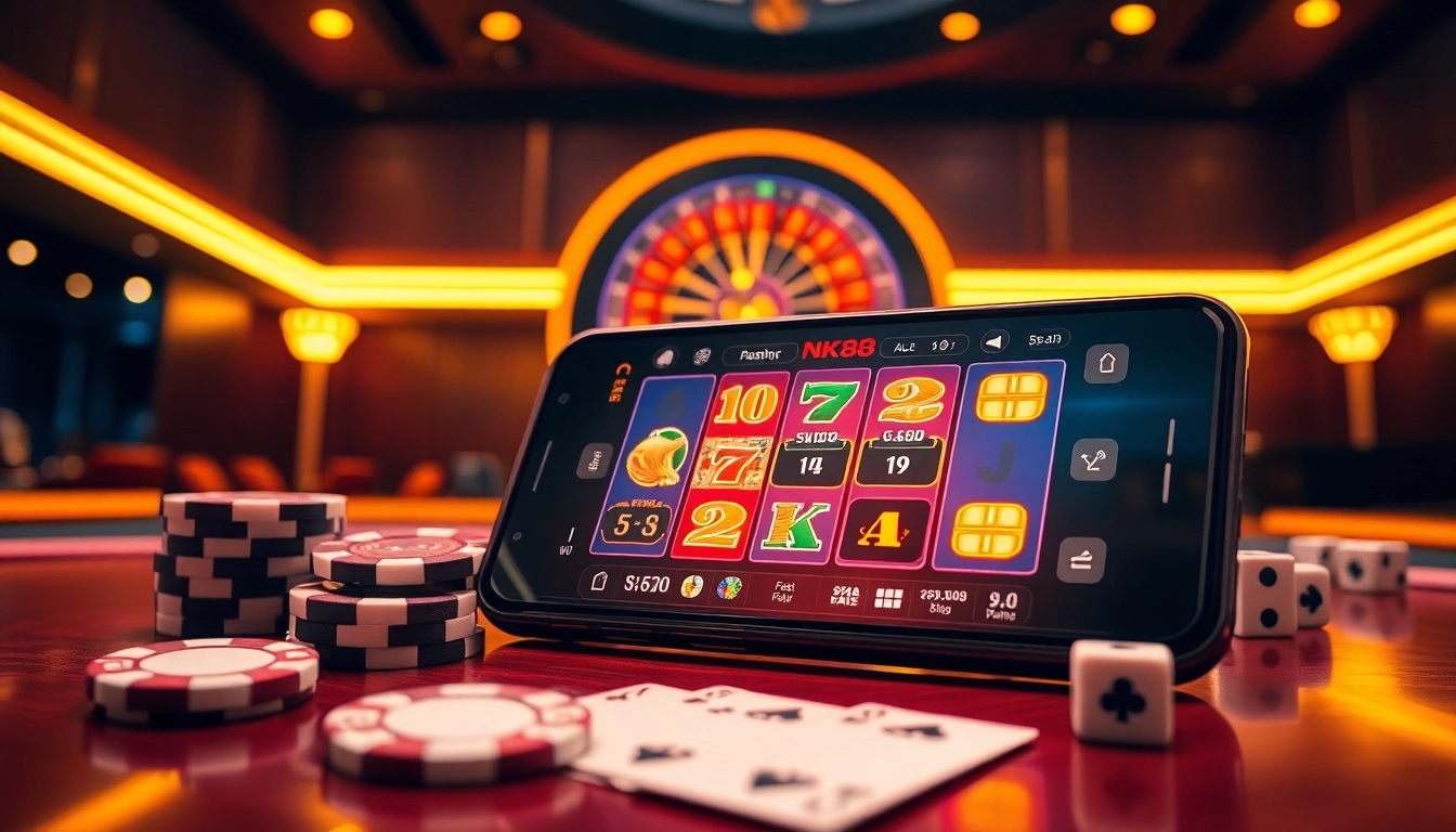 Engaging player spinning reels and placing bets securely using NK88 app in a luxurious casino setting