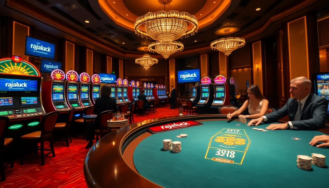 Players enjoying thrilling poker games at RAJALUCK casino with colorful slot machines and lively ambiance.