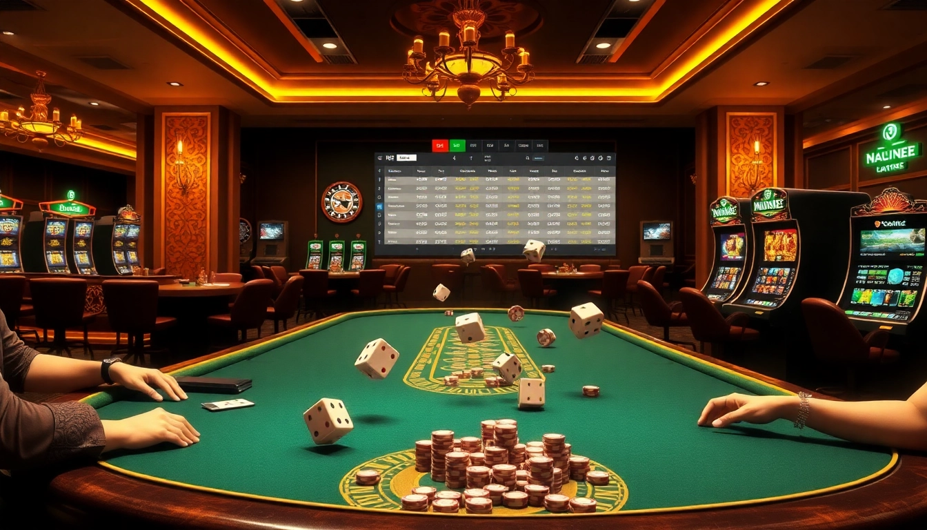 Experience the excitement of gambling at https://9789bet.com/ with a vibrant scene of casino tables and online betting.