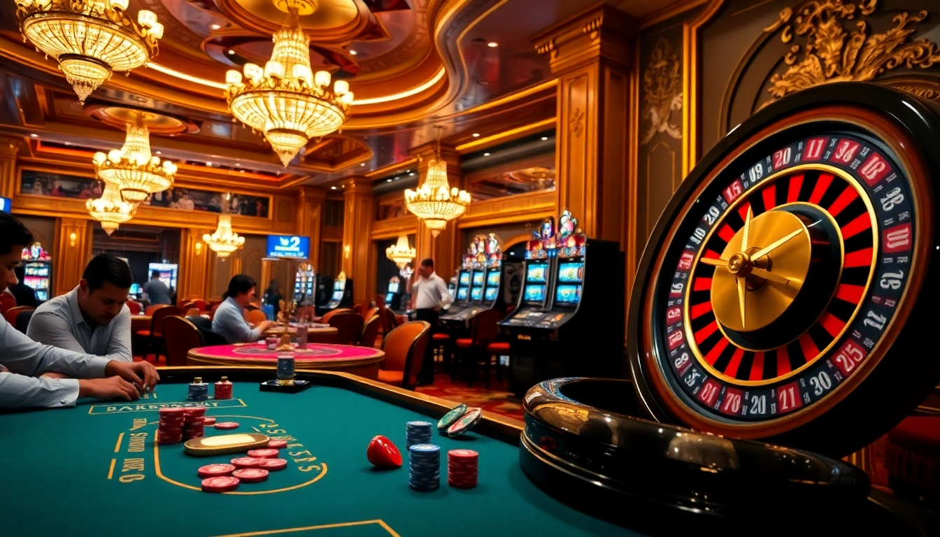 Players enjoying a lively casino atmosphere at FB88 COM with roulette and blackjack tables.