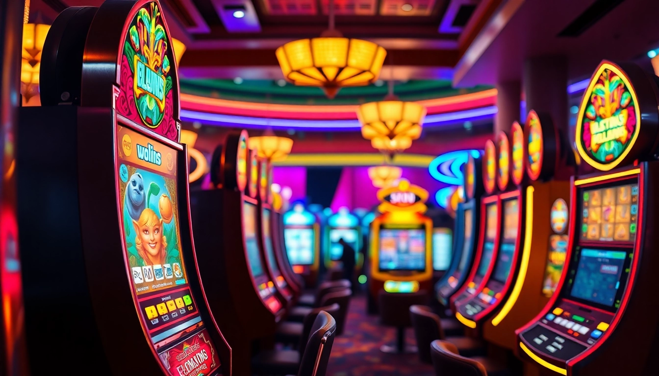 Engaged player at vibrant slots machine in a lively casino scene.