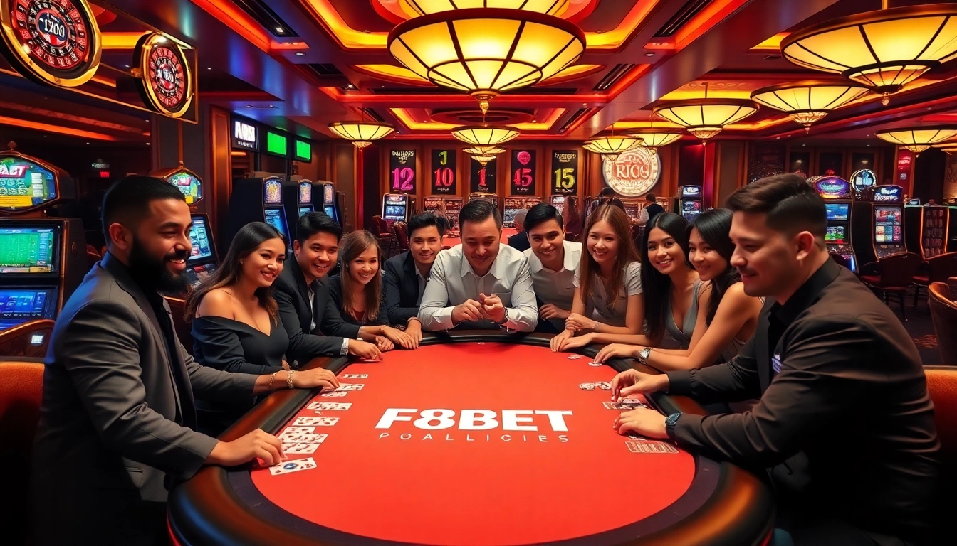Engage with F8BET at an upscale casino featuring vibrant poker tables, slot machines, and roulette wheels.