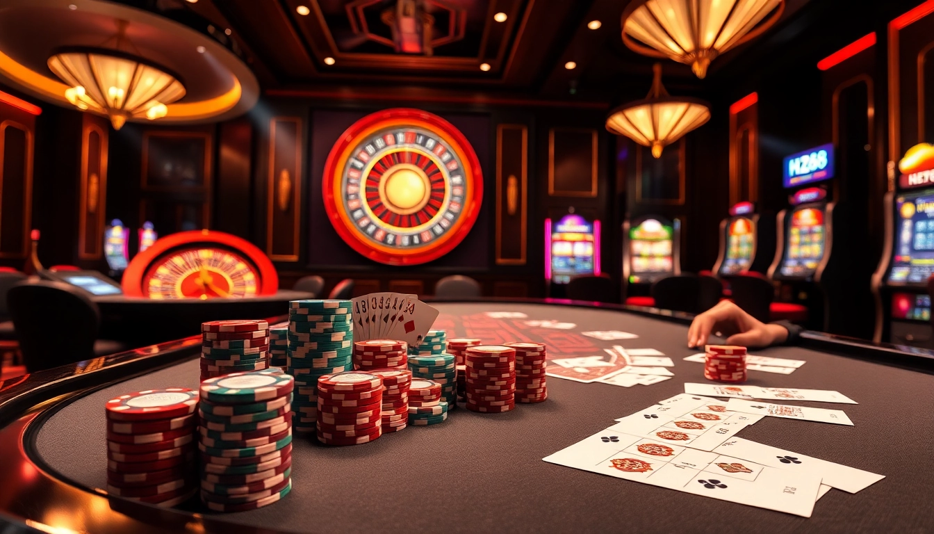 HZ88 Asian poker players managing strategic bets with vibrant chips in a luxury casino setting